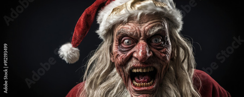 A horrifying, deranged Santa Claus with grotesque and exaggerated facial features grimaces menacingly in a dark environment, invoking fear and unease.