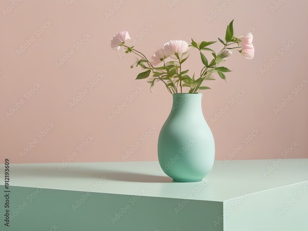 An image of a minimalist of flowers in a soft pastel green vase An image of a minimalist of flowers in a soft pastel green vase