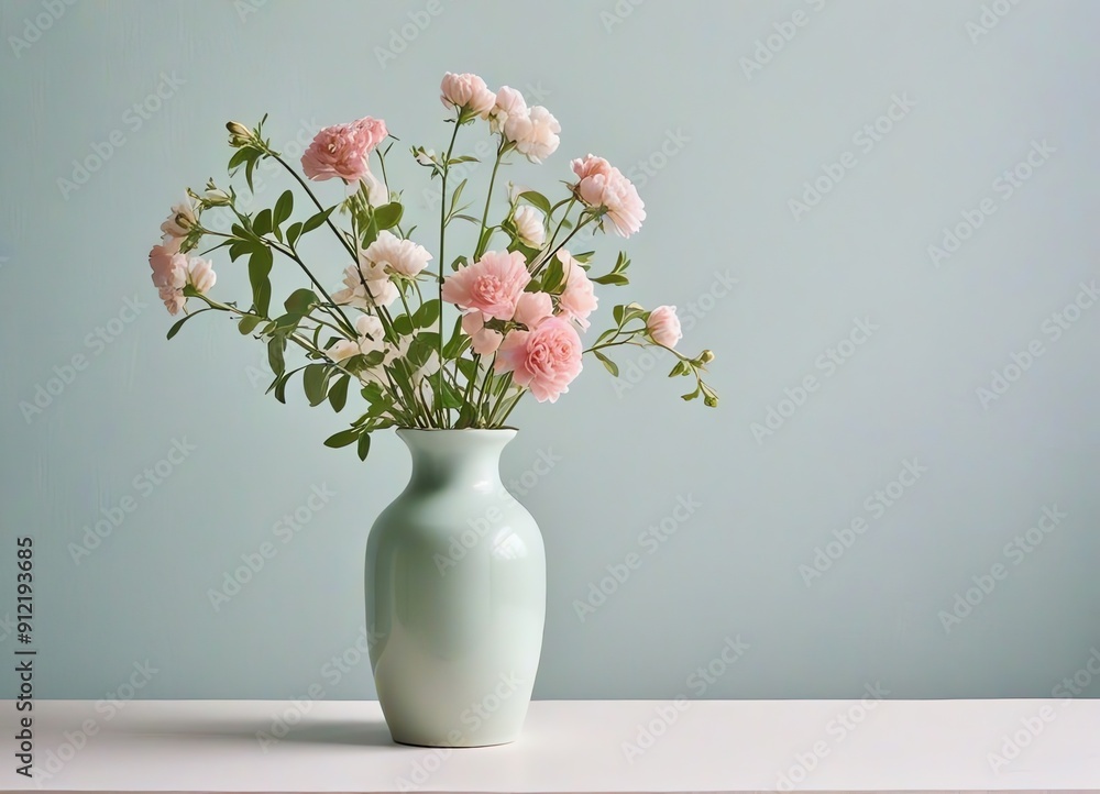 An image of a minimalist still life of pink flowers in a soft pastel green vase An image of a minimalist still life of pink flowers in a soft pastel green vase
