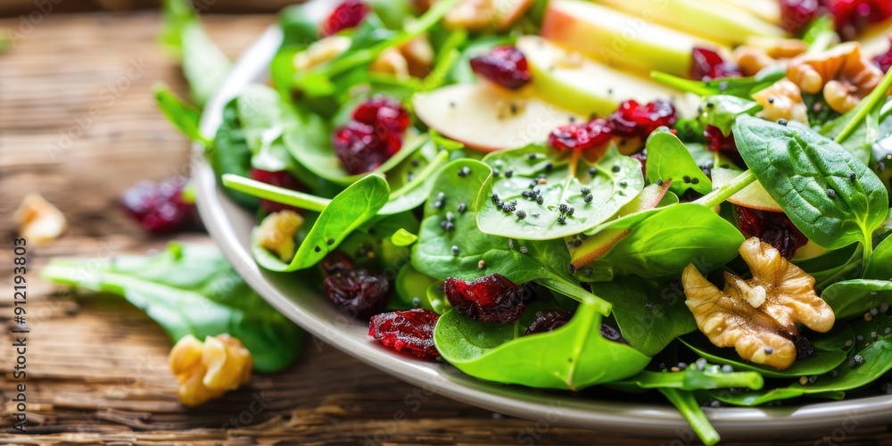 Crisp green salad with sliced apples, roasted nuts, and red berries on wooden table. Crisp green salad with sliced apples, roasted nuts, and red berries on wooden table.