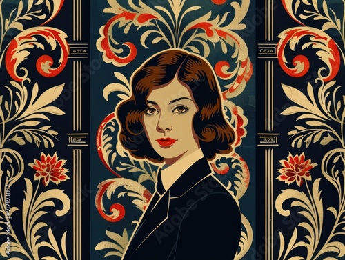 Vibrant of a vintage style book cover design featuring an ornate floral and leaf pattern frame surrounding a glamorous portrait of a young woman with a retro hairstyle and makeup photo