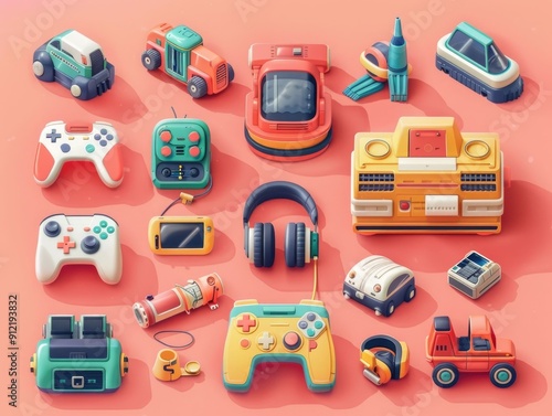 of a collection of classic retro and vintage style toys gaming consoles and electronic devices with modern and futuristic design features  Colorful playful and nostalgic digital art