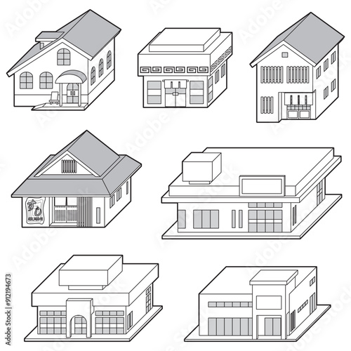 様々な店の立体ベクターイラスト. 線画.