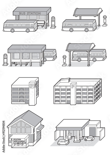 様々な建物の立体ベクターイラスト. 線画.