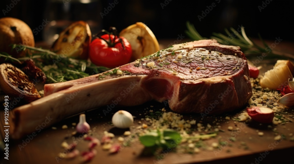 Flavorful steak being seasoned for grilling with a variety of herbs and spices. Flavorful steak being seasoned for grilling with a variety of herbs and spices.