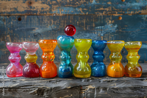 Colorful glass hourglass shapes on a wood background. photo