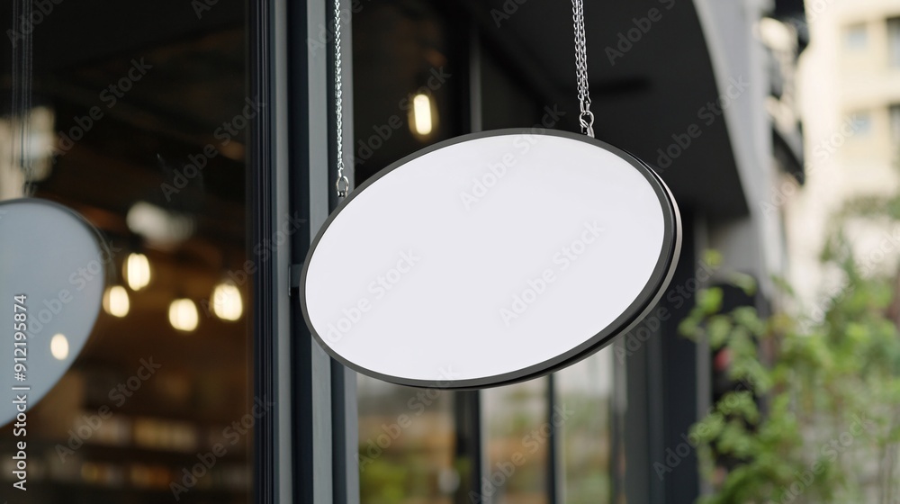 A round, blank sign hangs from a chain outside a contemporary café, inviting patrons to explore its offerings in a busy urban environment A round, blank sign hangs from a chain outside a contemporary café, inviting patrons to explore its offerings in a busy urban environment