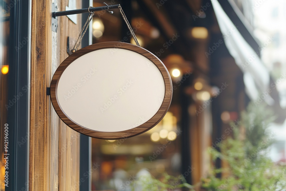 A blank sign hangs from a wooden bracket outside a busy café, surrounded by urban architecture and inviting lights in a lively city environment A blank sign hangs from a wooden bracket outside a busy café, surrounded by urban architecture and inviting lights in a lively city environment