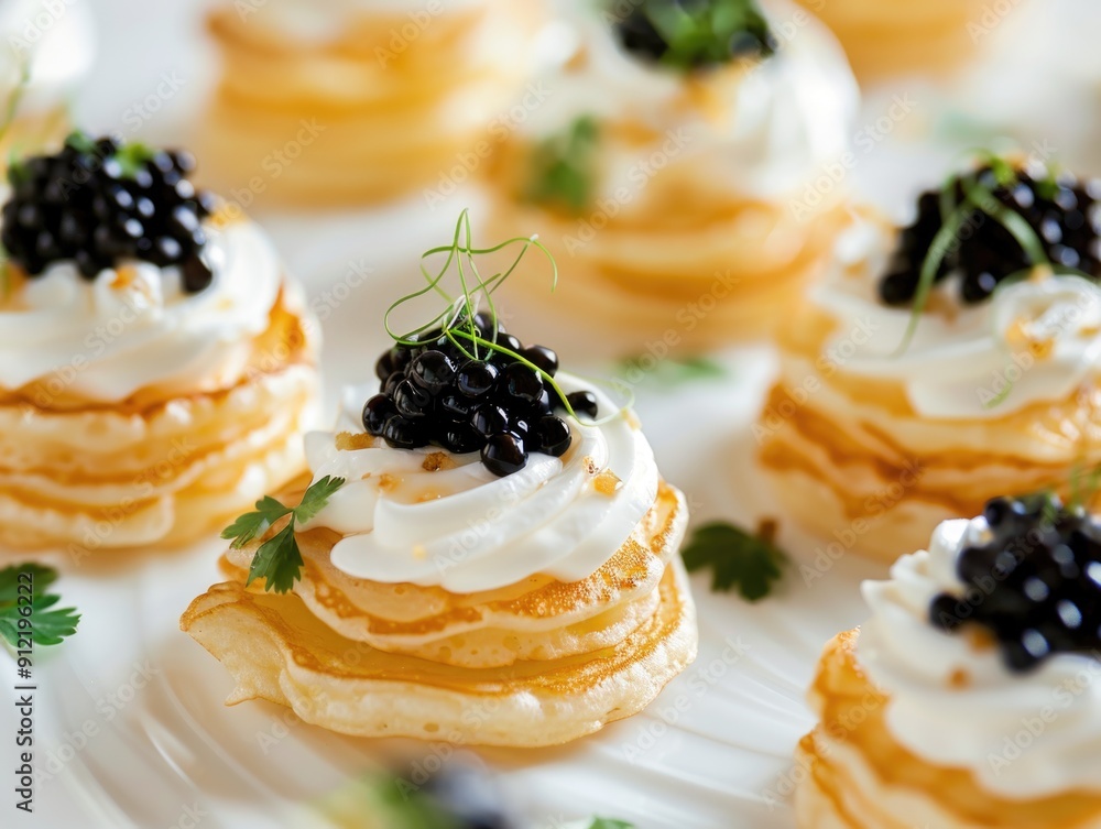 Sweet dessert with black caviar topping, garnished with herbs. Sweet dessert with black caviar topping, garnished with herbs.