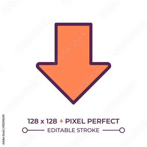 Downward thick arrow RGB color ico. Pointer symbolizing direction or download. Falling down. Decrease and discount. Isolated vector illustration. Simple filled line drawing. Editable stroke