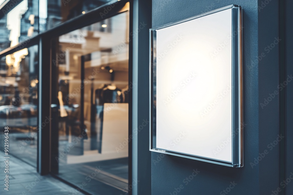 A blank display board is mounted outside a retail store, surrounded by glass windows showcasing apparel and urban life, illuminated by natural daylight A blank display board is mounted outside a retail store, surrounded by glass windows showcasing apparel and urban life, illuminated by natural daylight