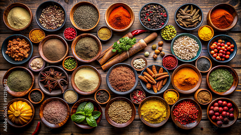 A vibrant collection of spices arranged in various bowls, showcasing colors and textures on a rustic wooden table A vibrant collection of spices arranged in various bowls, showcasing colors and textures on a rustic wooden table