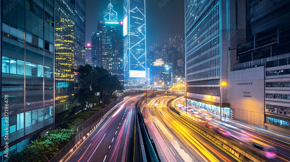 Multicolored lights illuminate the bustling streets of Hong Kong at night, showcasing vibrant traffic and towering skyscrapers against a dynamic urban backdrop Multicolored lights illuminate the bustling streets of Hong Kong at night, showcasing vibrant traffic and towering skyscrapers against a dynamic urban backdrop