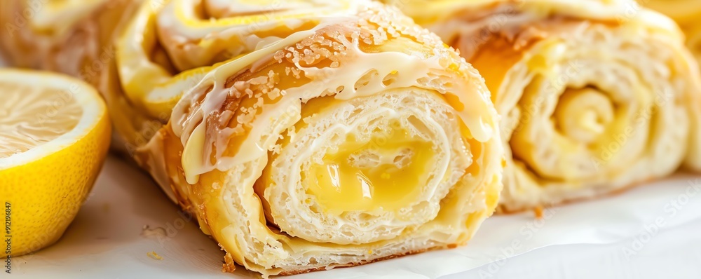 Lemon Swiss roll with a tangy lemon curd filling, closeup, against a white background Lemon Swiss roll with a tangy lemon curd filling, closeup, against a white background