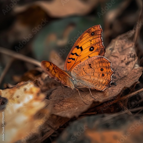 Orange butterfly resting on autumn leaves