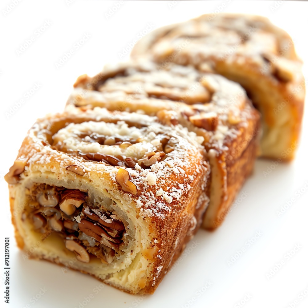 Maple pecan Swiss roll with a maple cream and pecan filling, closeup, against a white background Maple pecan Swiss roll with a maple cream and pecan filling, closeup, against a white background