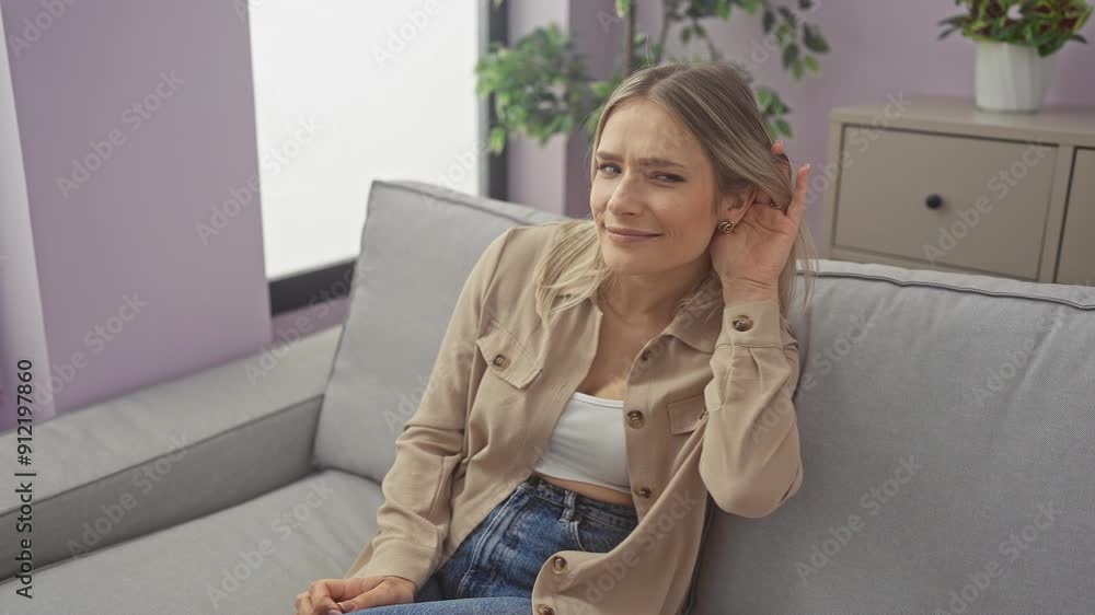 Hearing gossip, young blonde woman sitting on sofa with hand over ear listening to rumor at home, despite deafness Hearing gossip, young blonde woman sitting on sofa with hand over ear listening to rumor at home, despite deafness