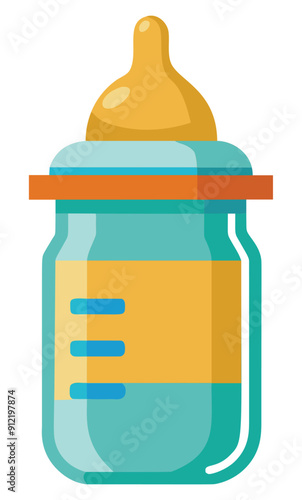 Blue and yellow baby bottle with nipple and measuring lines. Vector illustration