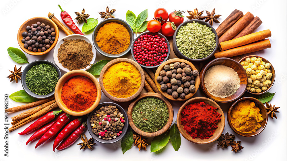 Bowls filled with vibrant spices and herbs are artistically arranged on a white surface, showcasing a variety of colors and textures Bowls filled with vibrant spices and herbs are artistically arranged on a white surface, showcasing a variety of colors and textures