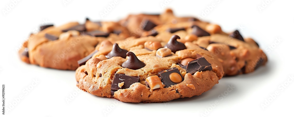 Toffee cookie with bits of toffee and chocolate, isolated on white, sweet and crunchy Toffee cookie with bits of toffee and chocolate, isolated on white, sweet and crunchy