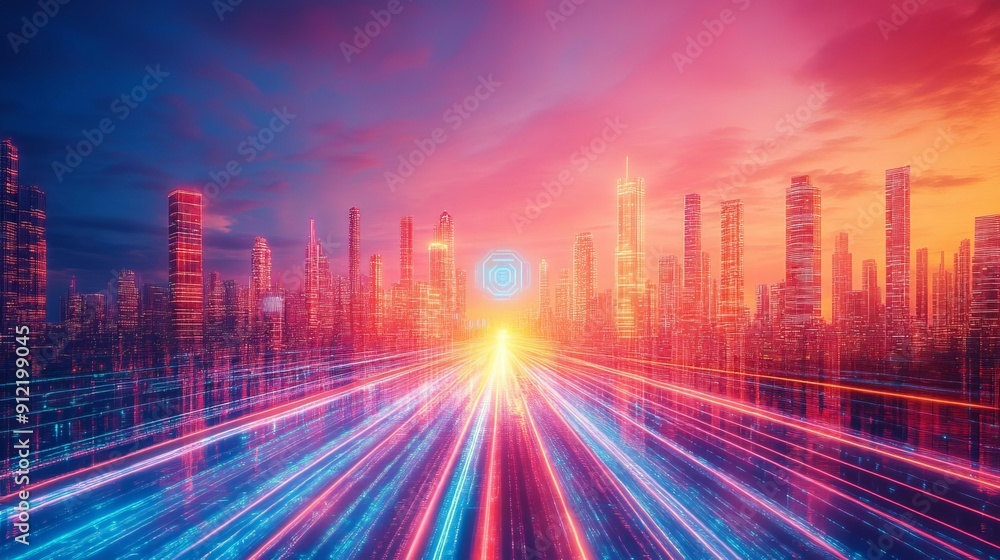 Fototapeta premium Futuristic urban landscape, AI integration, digital society, neon holograms