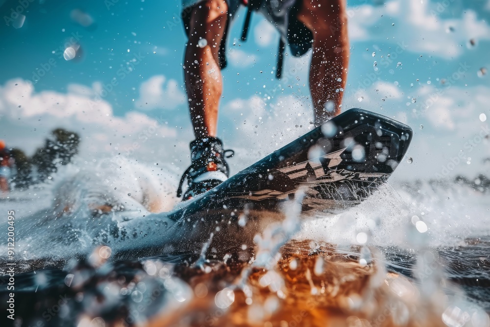 Naklejka premium Wakeskater Riding Wakeboard On Lake At Summer Day. Close Up Of Action Sports Equipment