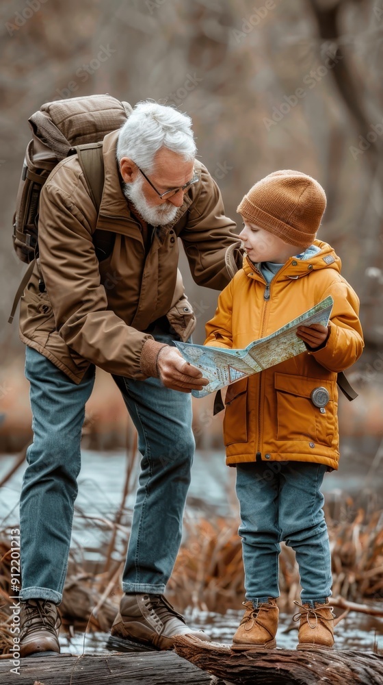 A grandfather helps his grandchild read a map while exploring nature by a serene water body in autumn A grandfather helps his grandchild read a map while exploring nature by a serene water body in autumn
