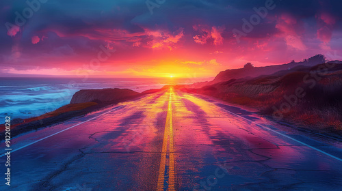 an asphalt road running parallel to a rugged coastline, with crashing waves visible in the distance. The road is straight and well-maintained, bordered by sandy beaches or rocky cliffs photo