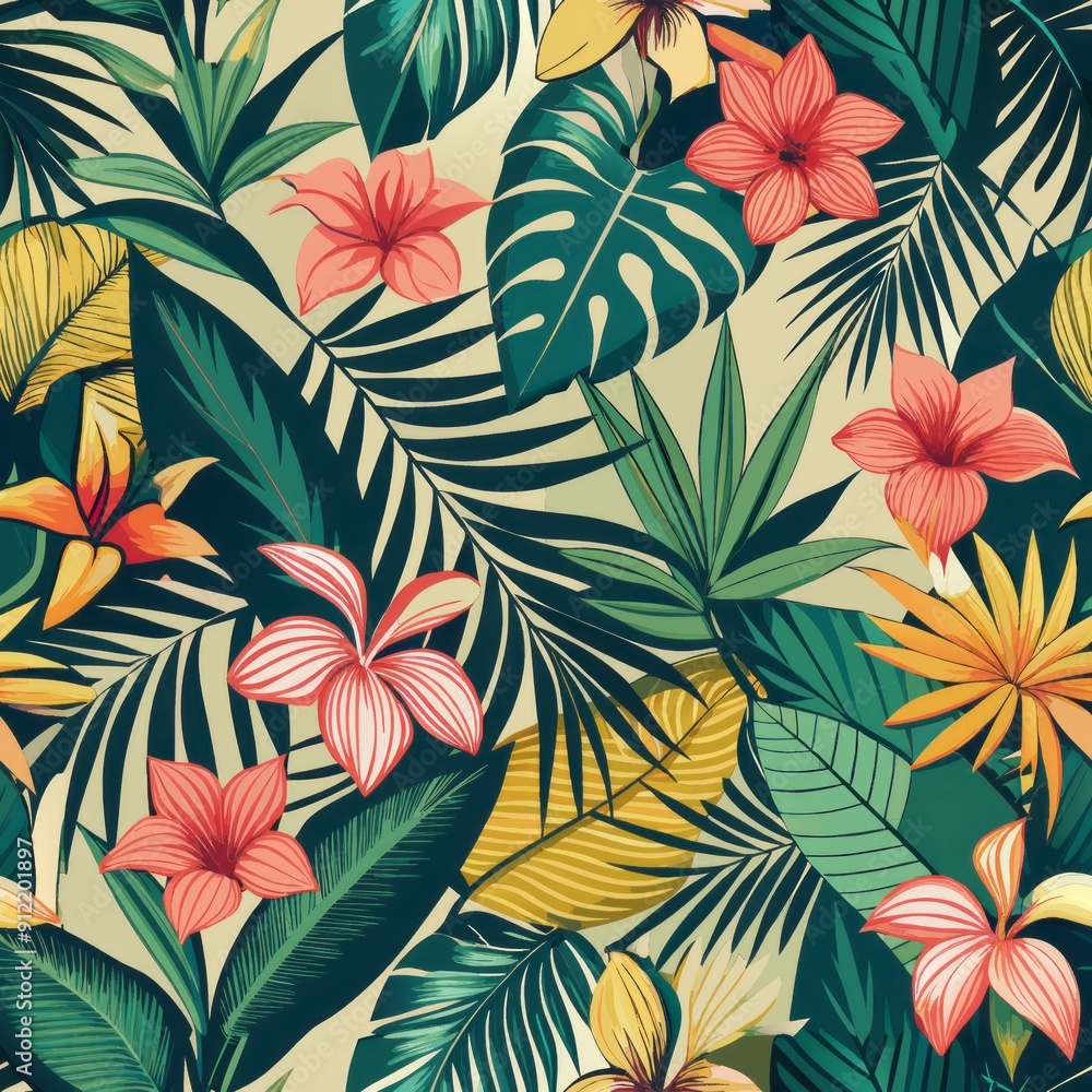 Seamless pattern of tropical palm leaves and flowers Seamless pattern of tropical palm leaves and flowers