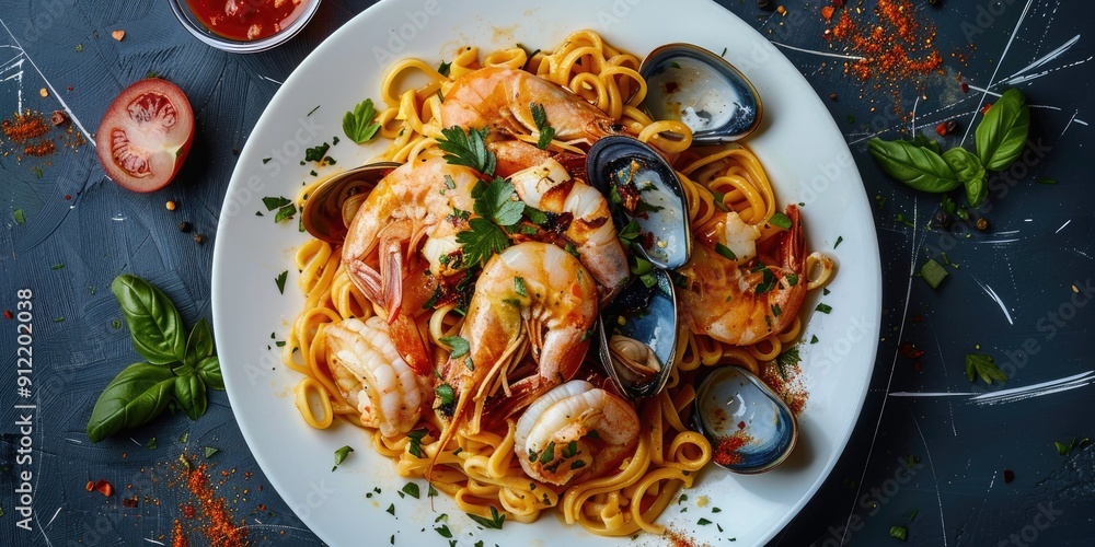 Savory Valencian Seafood Fideua Traditional Noodles Dish with Fish Shrimps Squid and Clams Served with Allioli Sauce on a White Plate Savory Valencian Seafood Fideua Traditional Noodles Dish with Fish Shrimps Squid and Clams Served with Allioli Sauce on a White Plate