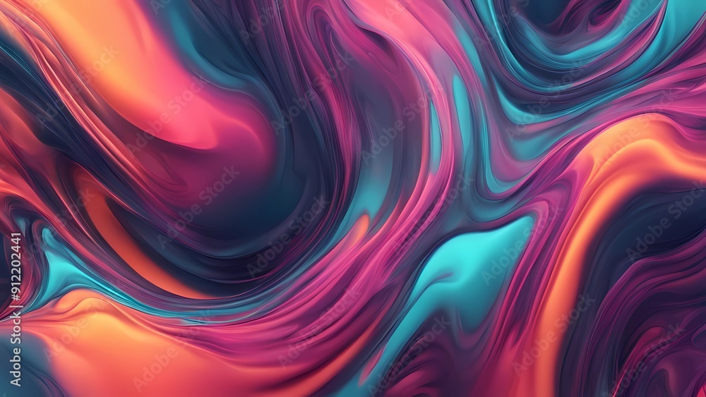 Fototapeta premium Trendy background with flowing liquid texture in orange purple with neon blue accents.