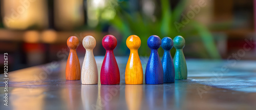 A Group of Colorful Wooden People Standing in Line on a White Background