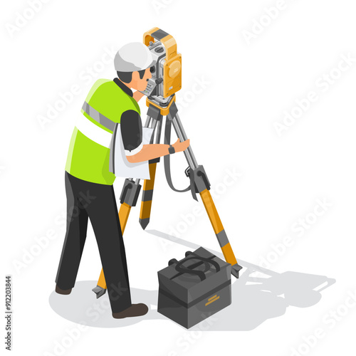 land surveyor  civil engineer use theodolite on working equipment tool concept isometric isolated on white background