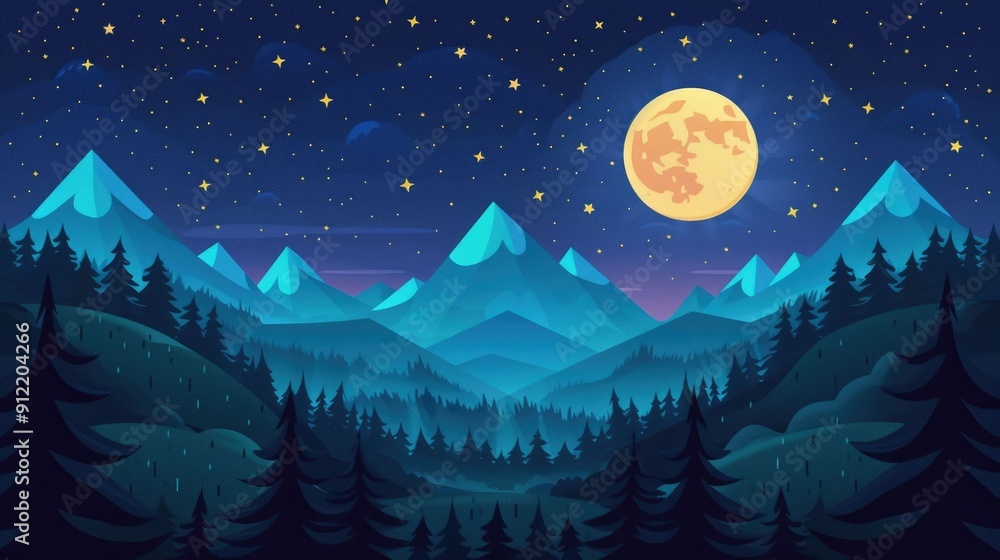 Fototapeta premium Captivating of a dreamlike starry night landscape with towering mountains a full moon and twinkling stars in the atmospheric moody sky