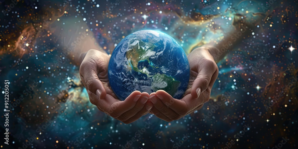hands holding planet Earth in a vast universe filled with stars. hands holding planet Earth in a vast universe filled with stars.