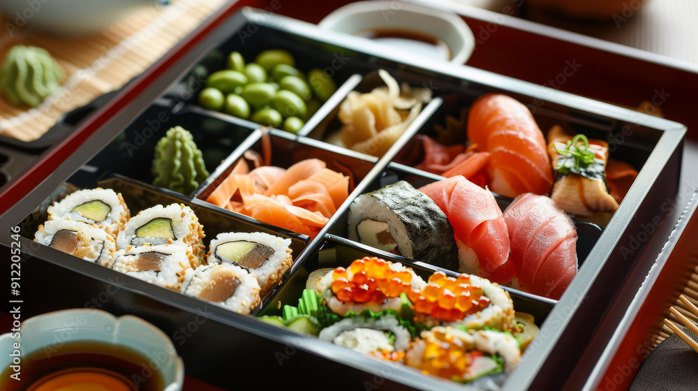 Experience the luxury of upscale dining with a bento box filled with a variety of sushi rolls, delicate sashimi, edamame, and tamago, all beautifully compartmentalized Experience the luxury of upscale dining with a bento box filled with a variety of sushi rolls, delicate sashimi, edamame, and tamago, all beautifully compartmentalized