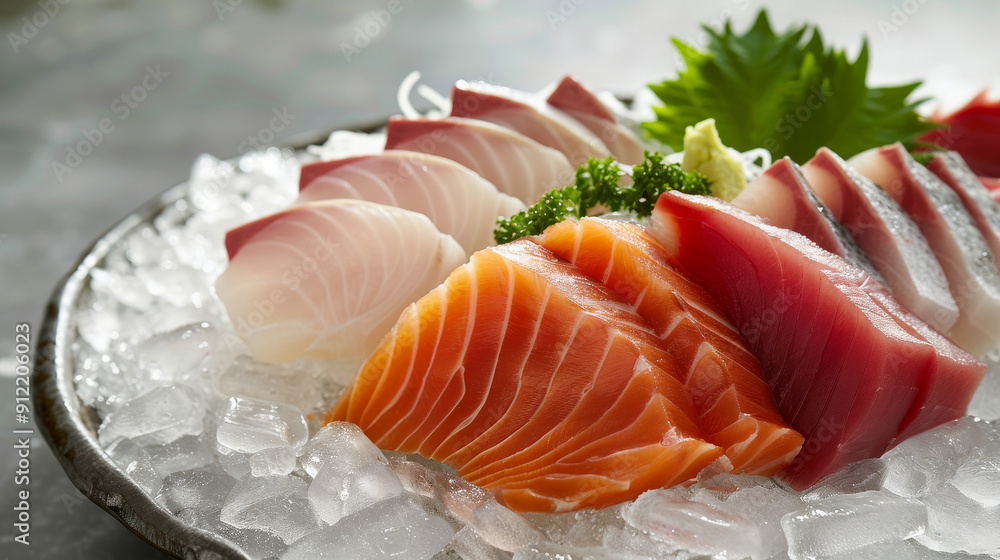 Immerse yourself in the elegance of Japanese culinary artistry with this image of assorted fresh sashimi slices. The arrangement features pristine cuts of tuna, buttery salmon