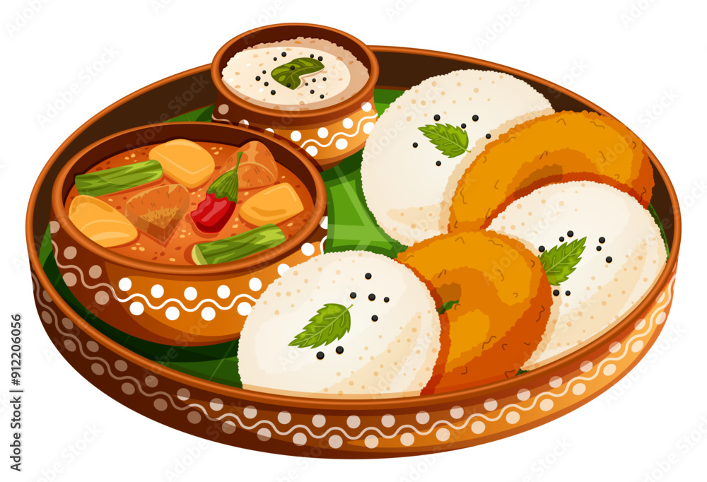 Obraz premium Idli, Vada & Sambar with Coconut Chutney in Mud Thali - South Indian Cuisine 