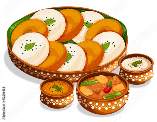 Vada, Idli & Sambar in Mud Thali with Tomato & Coconut Chutneys in Mud Pots - Indian Breakfast Cuisine 