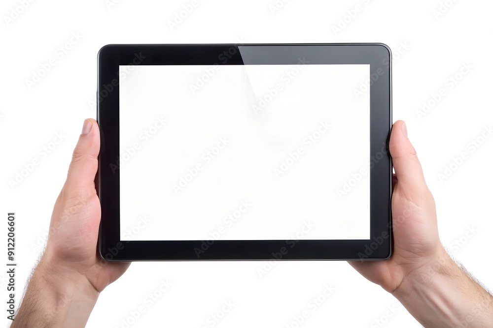 human hand holding black tablet with blank display, isolated on white human hand holding black tablet with blank display, isolated on white