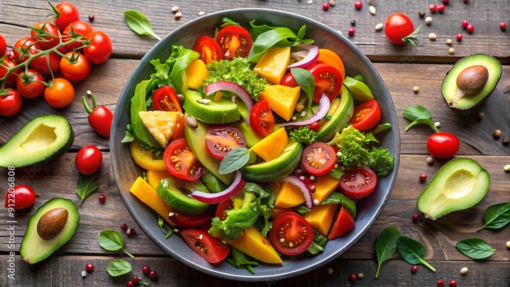 Vibrant Veggie Symphony: A Fresh Salad with Avocado, Tomato, and Multicolored Peppers generative AI Vibrant Veggie Symphony: A Fresh Salad with Avocado, Tomato, and Multicolored Peppers generative AI