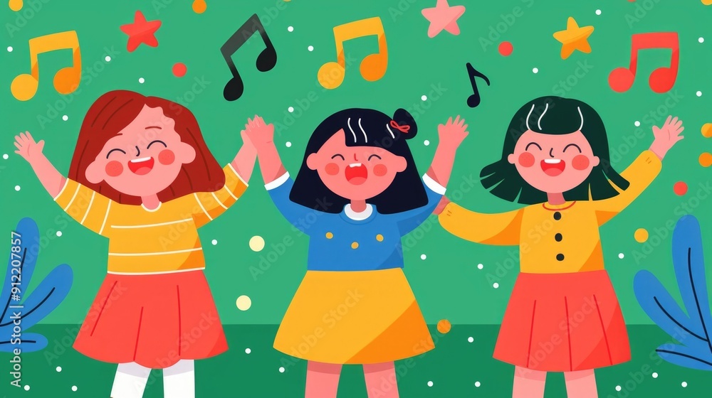 Naklejka premium Vibrant and cheerful depicting a lively music concert with children enthusiastically dancing singing and celebrating the joyful performance The scene showcases the energy creativity