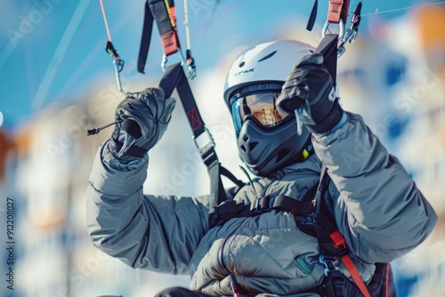 Paraglider Prepares For Flight Against Backdrop Of Snow-capped Mountains, Winter Adventure