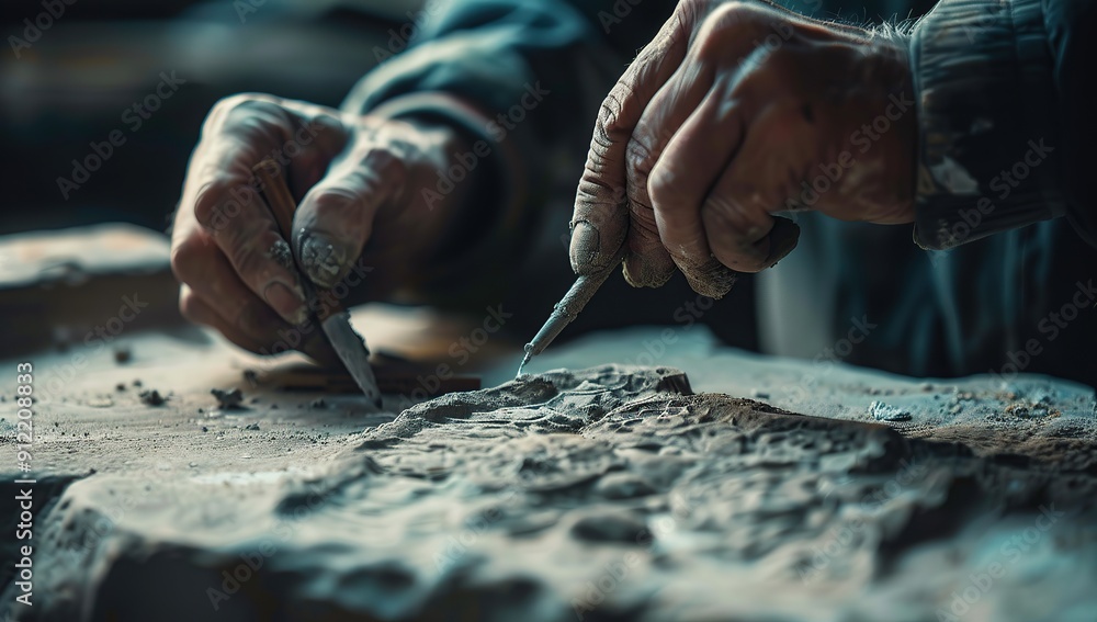 A close-up shot shows an artist's hand meticulously carving intricate details A close-up shot shows an artist's hand meticulously carving intricate details