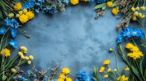 A wreath of blue and yellow flowers with copy space, a natural organic floral frame, and Ukrainian flag colors.