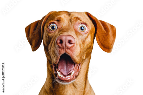 Dog a shocked expressionon with wide eyes and an open mouth  on isolated transparent background