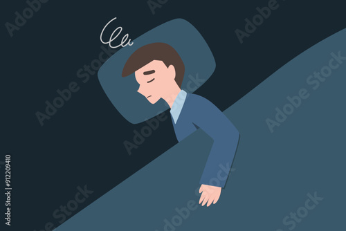 boy or man can not sleep and depressed in bed. Mental disorder, insomnia, anxiety illustration