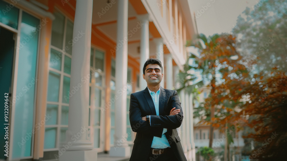 young indian businessman standing in front of house young indian businessman standing in front of house
