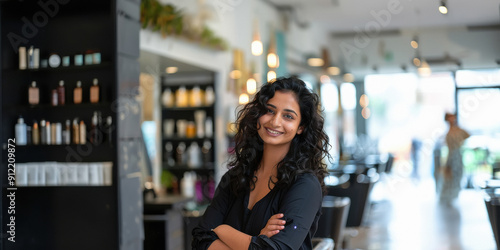 young indian woman standing at hair salon