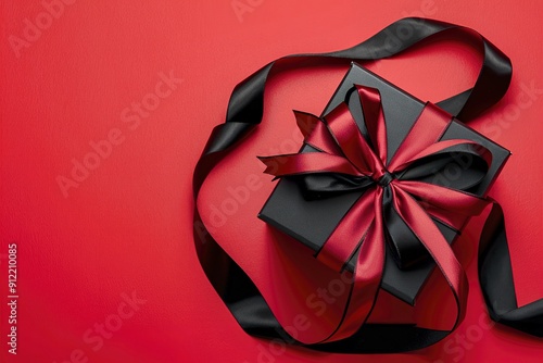 A black box with a red bow on top of a red background